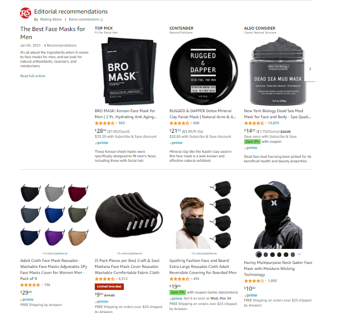 A screenshot of an amazon product page showing facemasks 