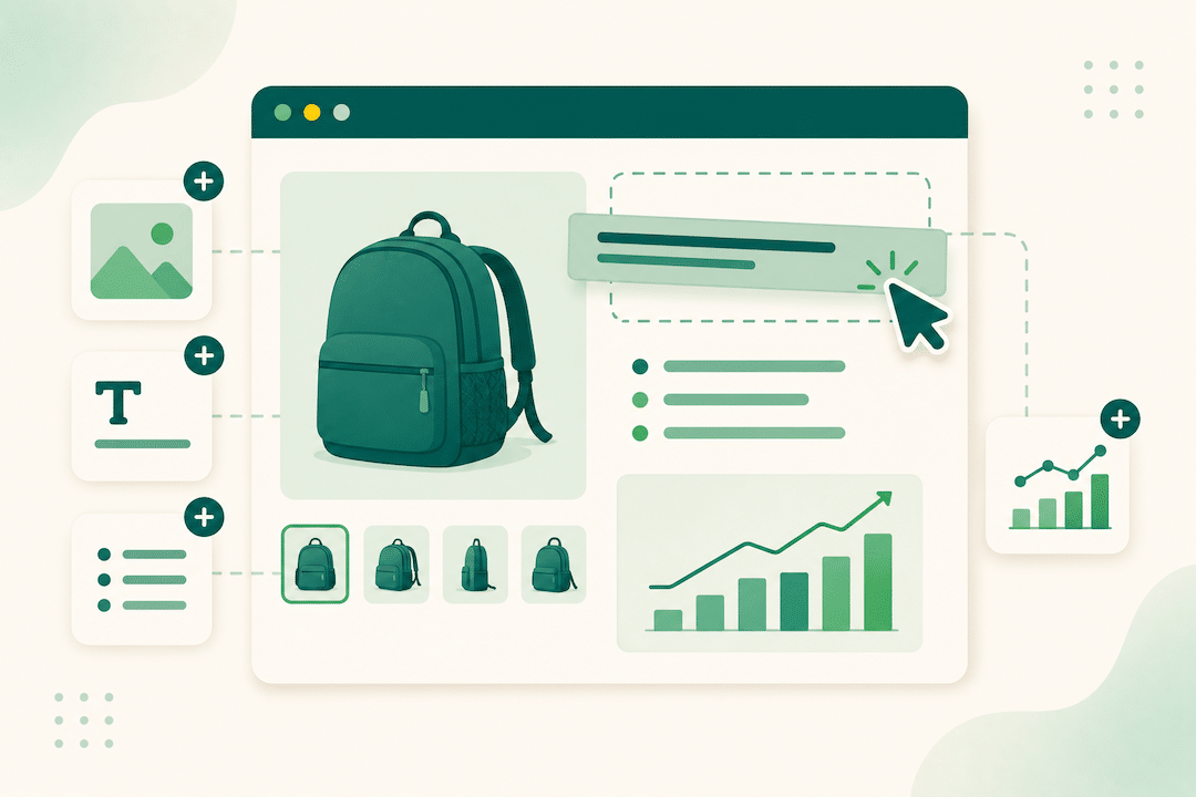 Flat illustration of a product detail page being assembled from modular blocks for image, title, bullets, and a performance chart.