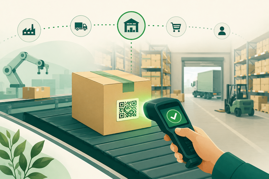 Illustration showing Amazon Transparency code scan at fulfillment center confirming product authenticity