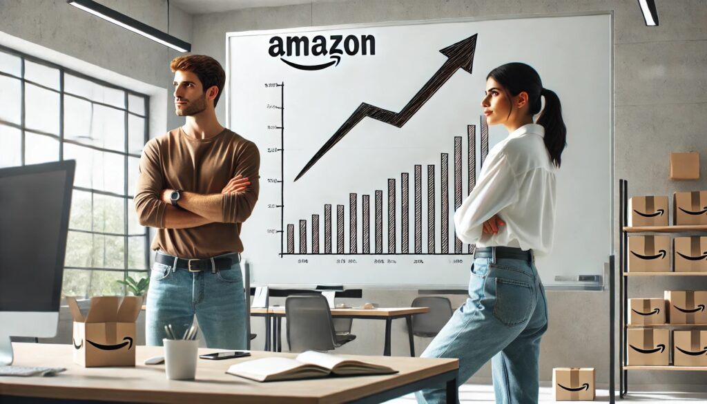 two Amazon sellers in a modern office, looking at a whiteboard with a simple, upward-trending graph