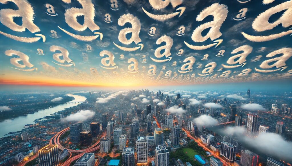 a bustling city below the whimsical, Amazon-logo-shaped clouds in the sky.