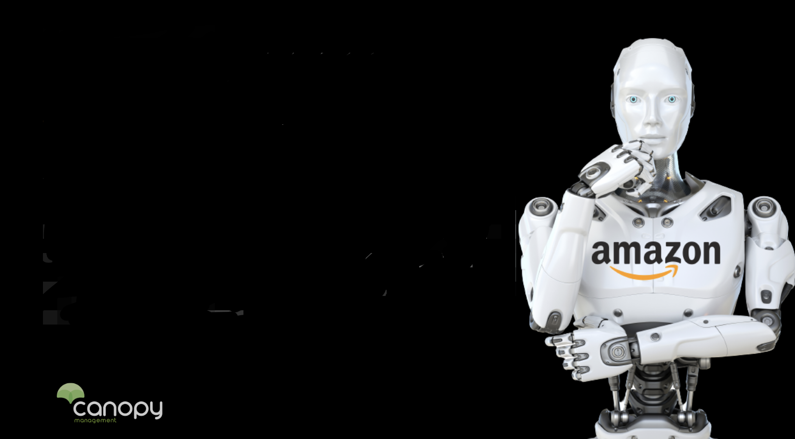 white AI robot with Amazon on chest on black background