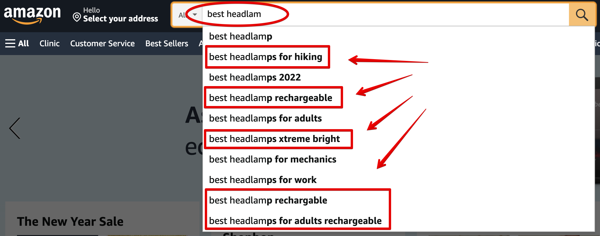 A screenshot of an Amazon product search for best headlamp showing results 