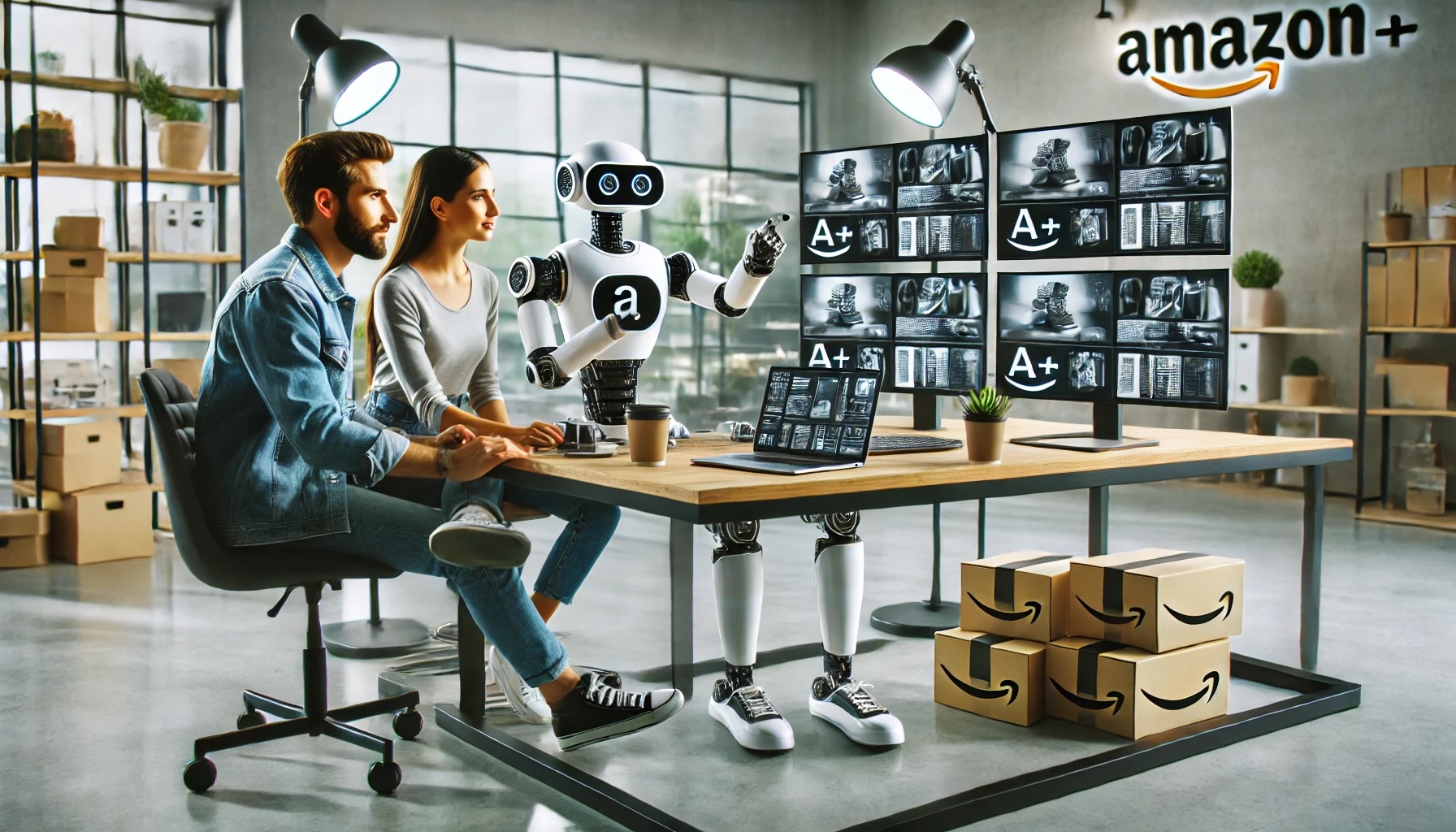 two entrepreneurs and a futuristic robot creating Amazon A+ content using high-tech cameras in a modern, innovative office setting