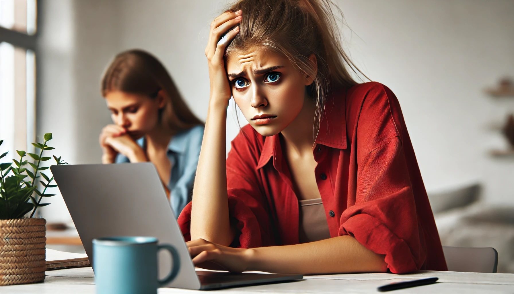 blond woman in red holding her head disconsolately staring at an open laptop