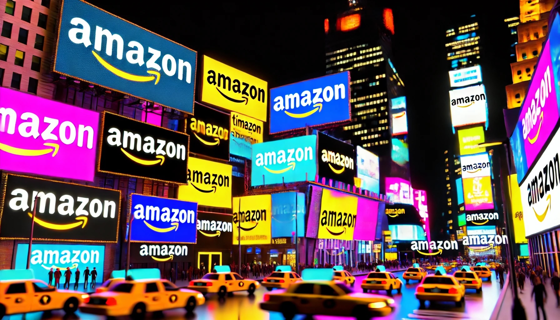 A bright stylized downtown scene full of yellow cabs and brightly lit buildings with Amazon advertising in lights