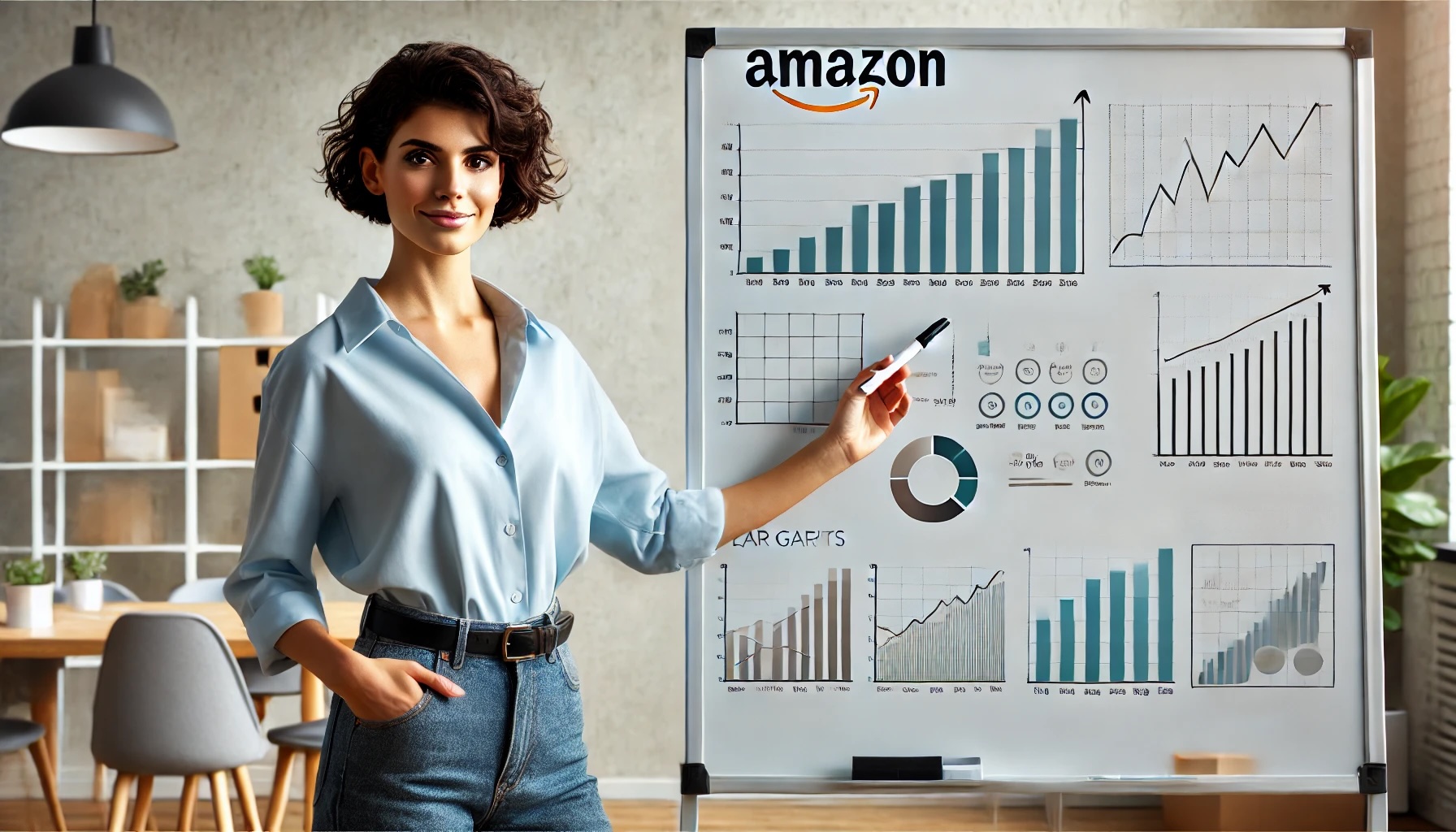 dark haired young woman holding a clipboard in front of a whiteboard