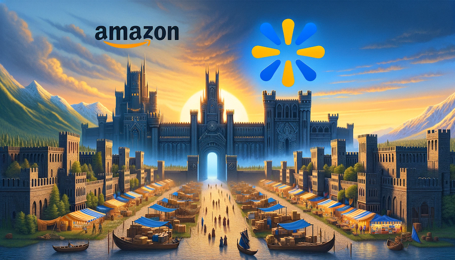 A stylized image of a medieval village with amazon on one side and walmart on the other