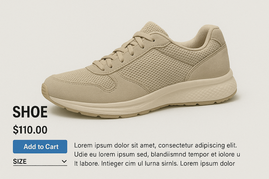 a realistic landscape mode image of a very bad ecommerce product listing showing a plain brown shoe
