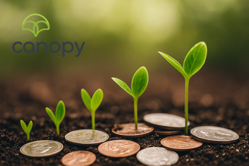 A view of young plants growing out of a soil sprinkled with coins