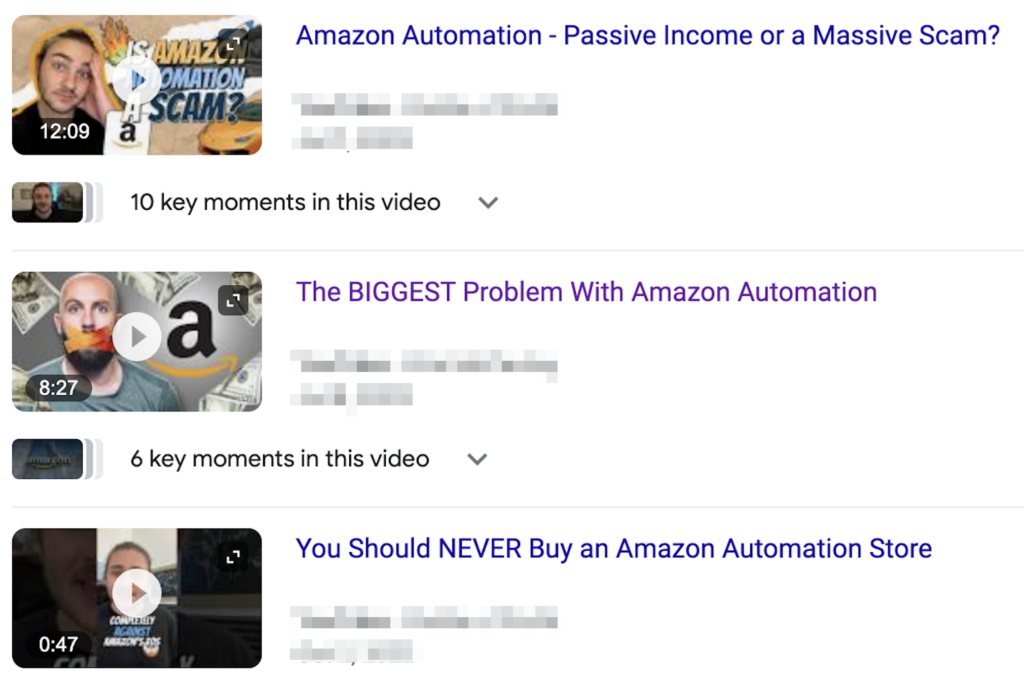 A screenshot of video thumbnails about Amazon automation.