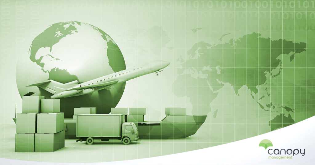 Decorative. A globe, plane, shipping vessel, truck and boxes on a green background with the Canopy 