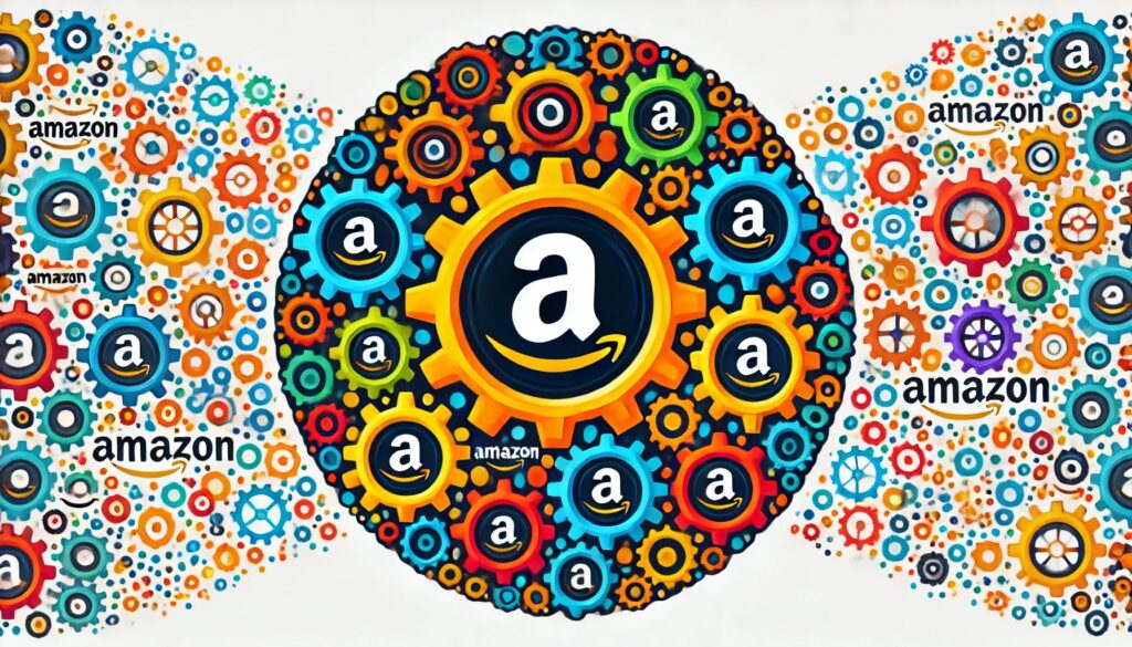 Decorative. Colorful cogs with the amazon logo on a black background.