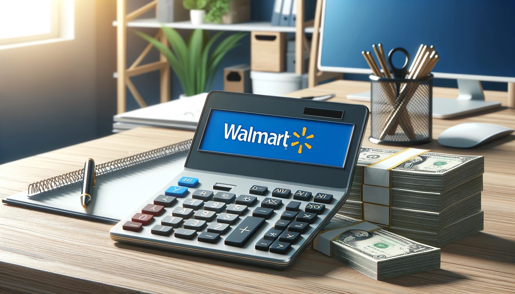 A graphic image of a Walmart branded calculator on a desk surrounded by banded packs of $100 bills