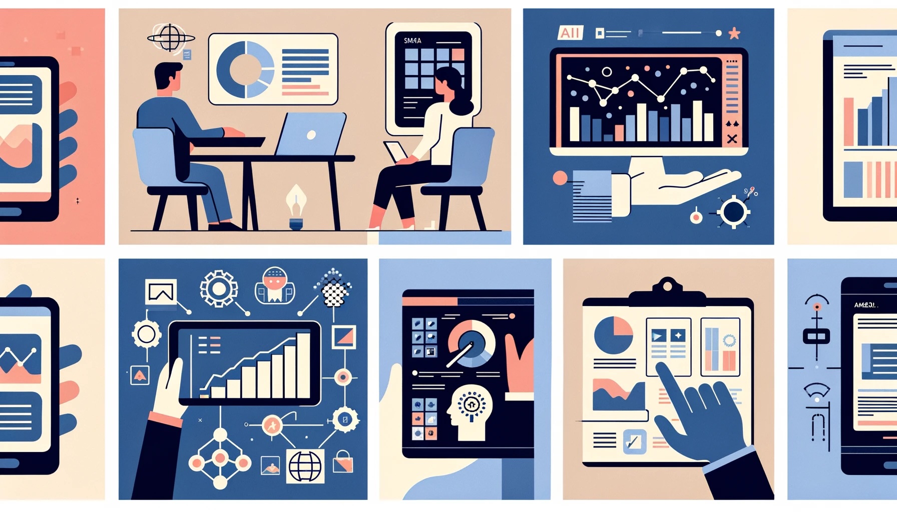 Stylized image of multiple panels featuring graphic representations of ecommerce product research