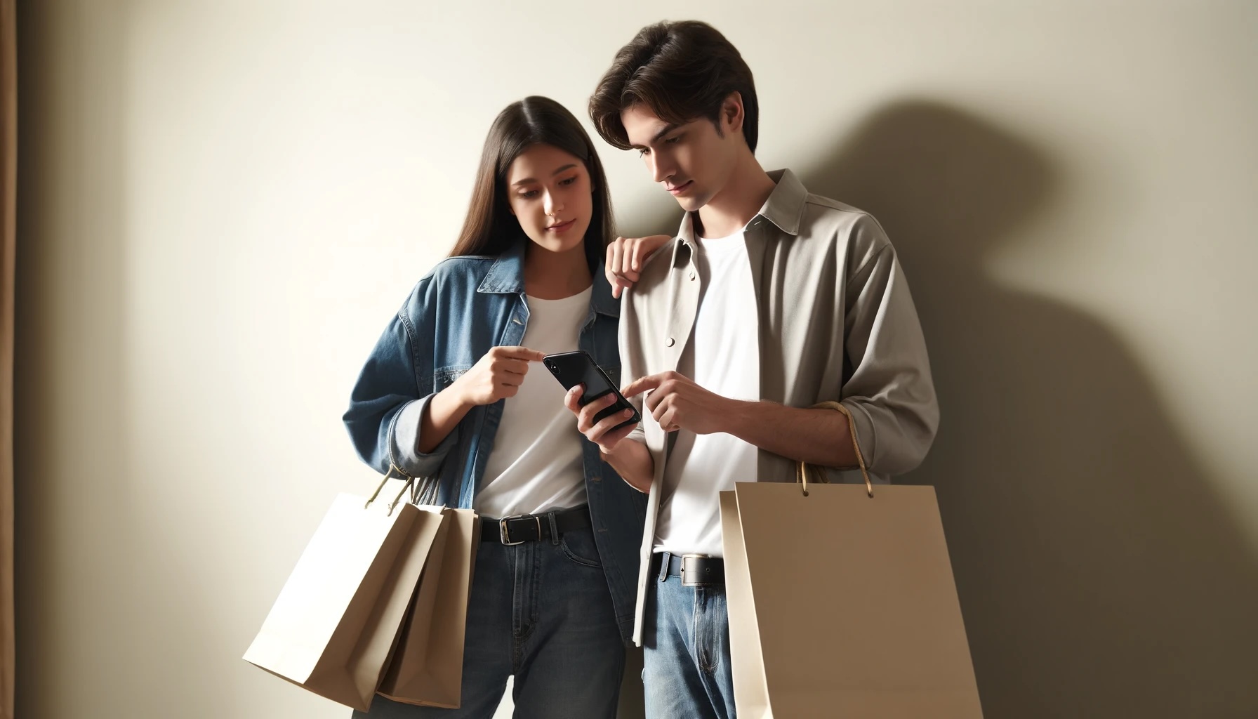 Two young dark haired ecommerce shoppers with the male showing the female something on their smartphone.