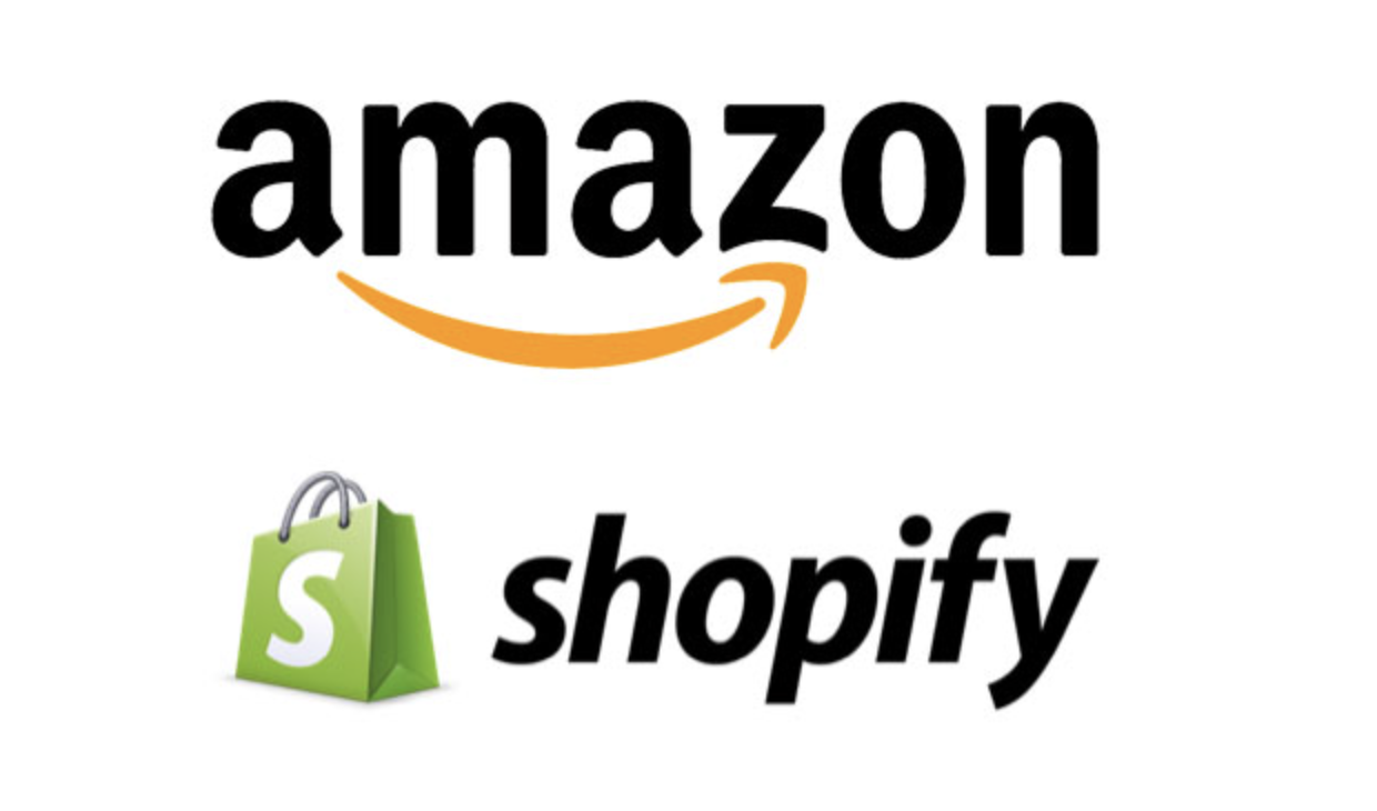 An infographic featuring an Amazon logo on top of a Shopify logo