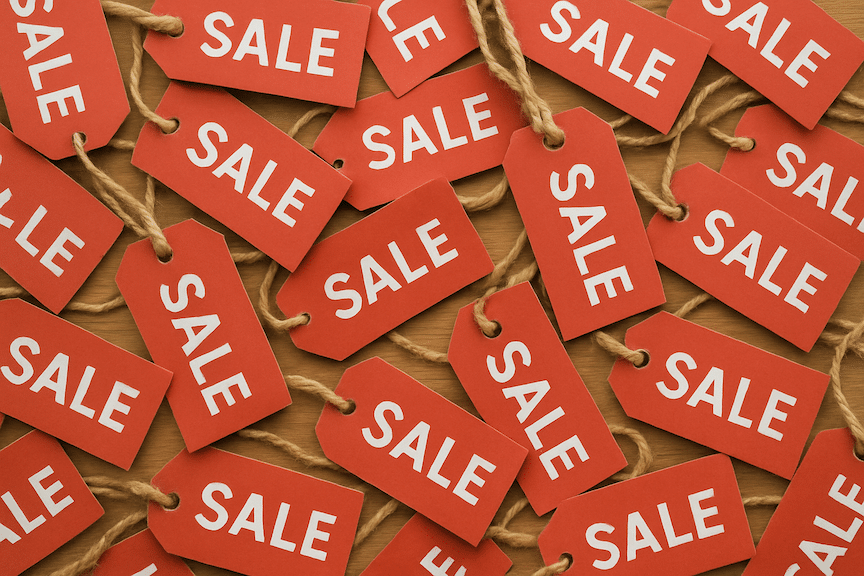 A table full of bright red "on sale" tags