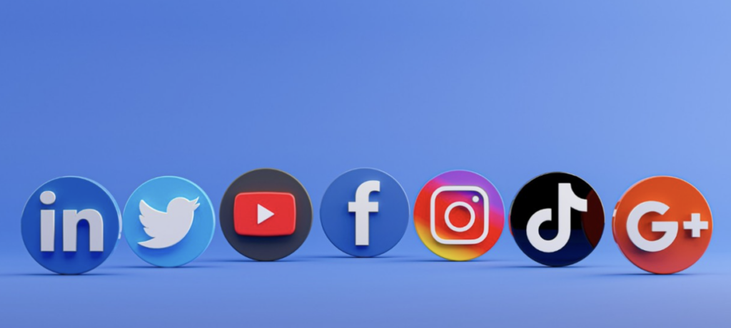 A variety of round social media logos against a blue background