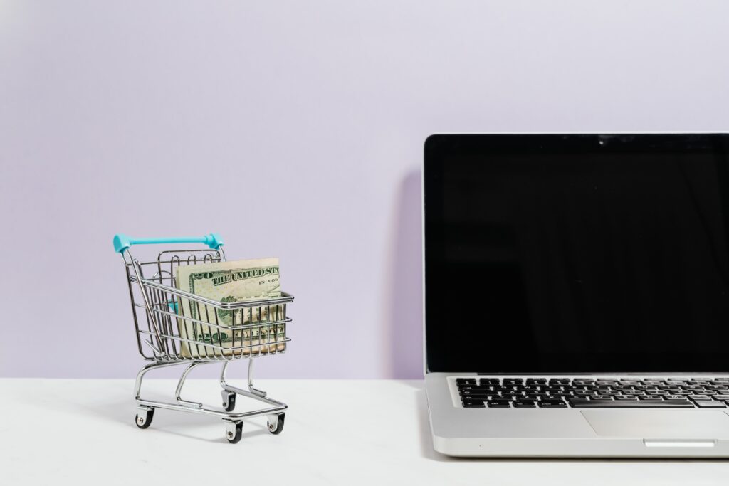 An image of an open laptop computer and a miniature shopping cart full of paper money