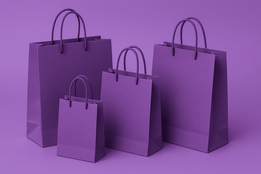 A landscape mode image of purple shopping bags against a purple background