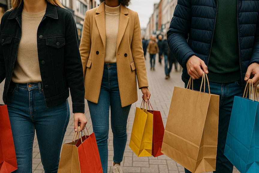 Shoppers carrying brightly colored shopping bags on a busy street in a vibrant downtown shopping area