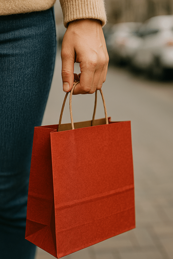 A close up of a single red shopping bag being held by the left hand of a male shopper