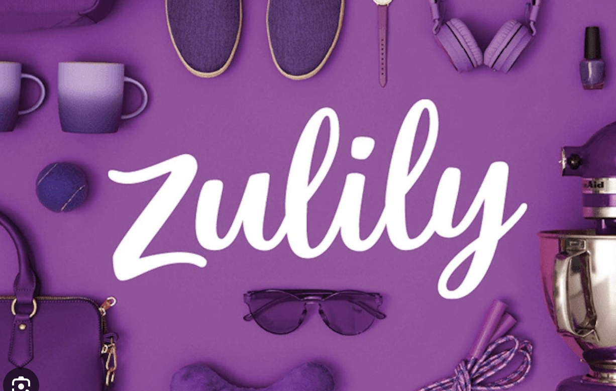 An image of the Zulily logo against a purple background with shoppable items scattered across the screen such as shoes, glasses and clothing.