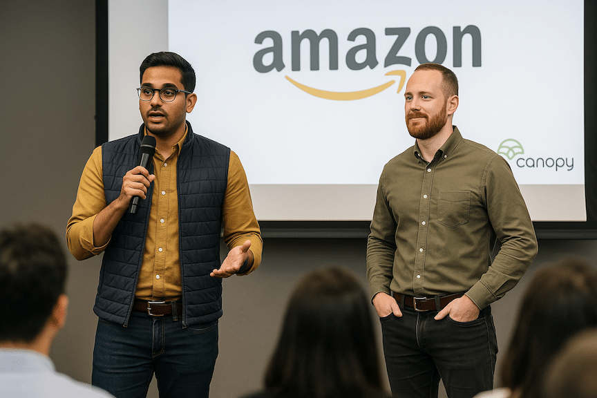 landscape mode images showing two amazon brand entrepreneurs presenting at an Amazon conference