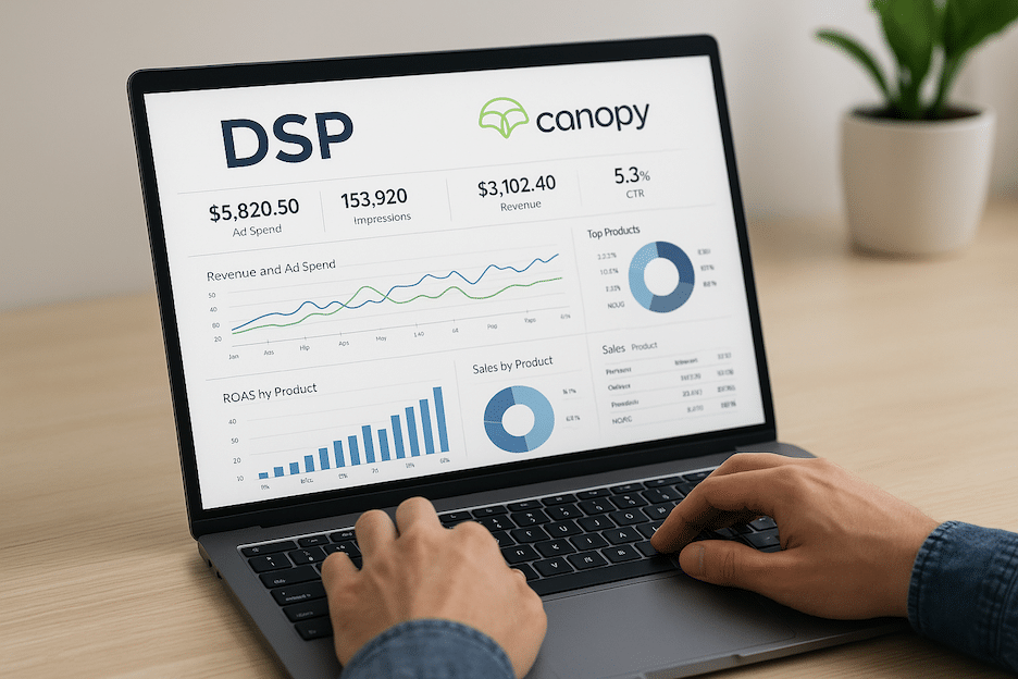 an Amazon seller with a laptop computer on a modern desk with a bunch of data, The words DSP and a small Canopy logo on the computer