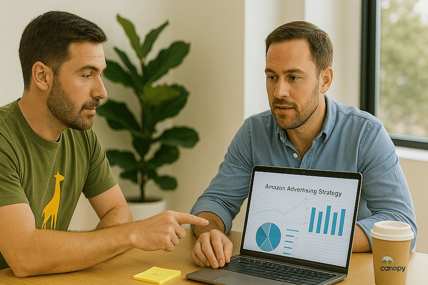 a landscape mode image showing two amazon brand entrepreneurs interacting with each other while creating an advertising strategy together in a modern office