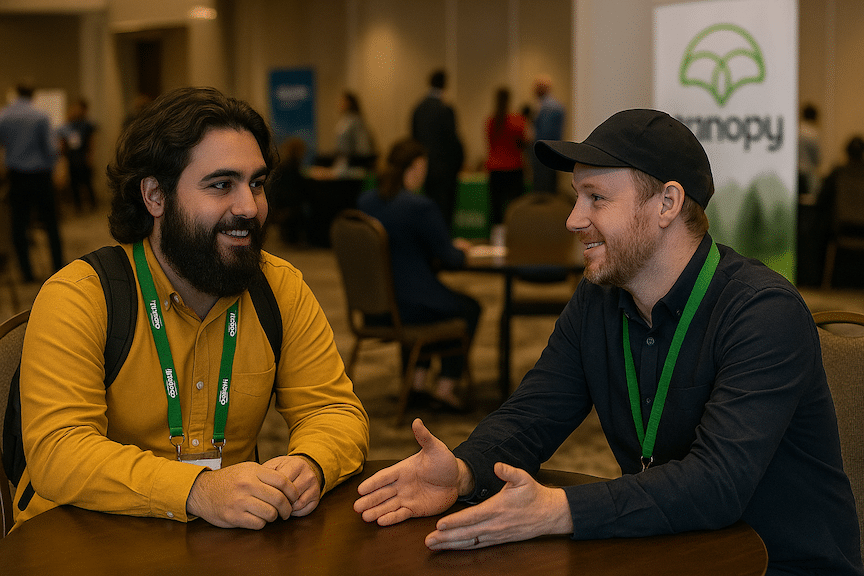two amazon brand entrepreneurs interacting with each other at an business conference