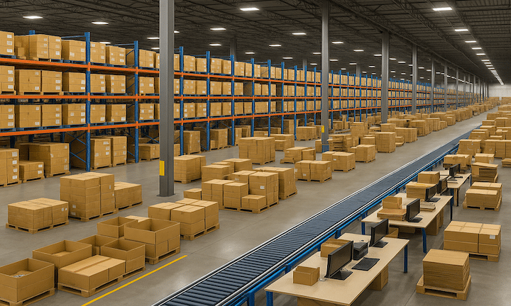The interior of a large ecommerce warehouse