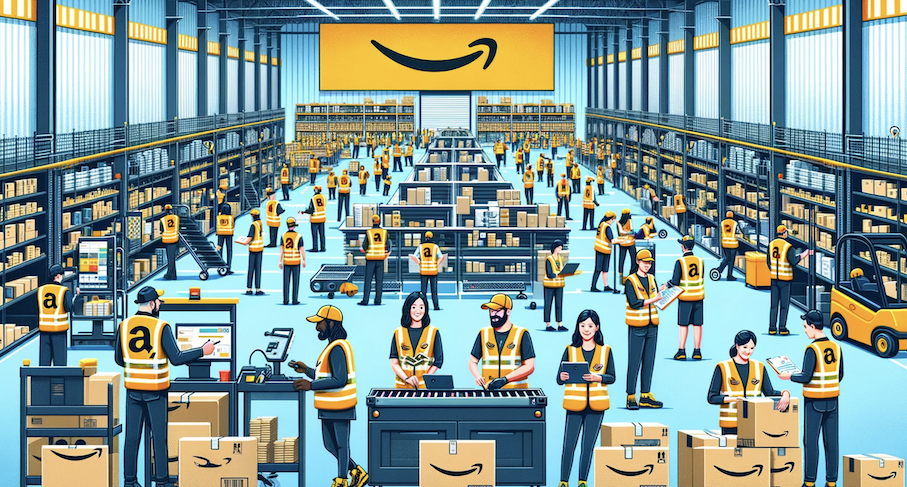 An infographic style image of the inside of an Amazon factory full of workers in yellow amazon vests 