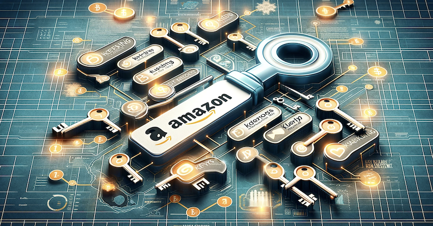 A stylized view of a large computer silicon chip, on top of that are a jhumber of stylized keys and one prominent large key with an Amazon logo