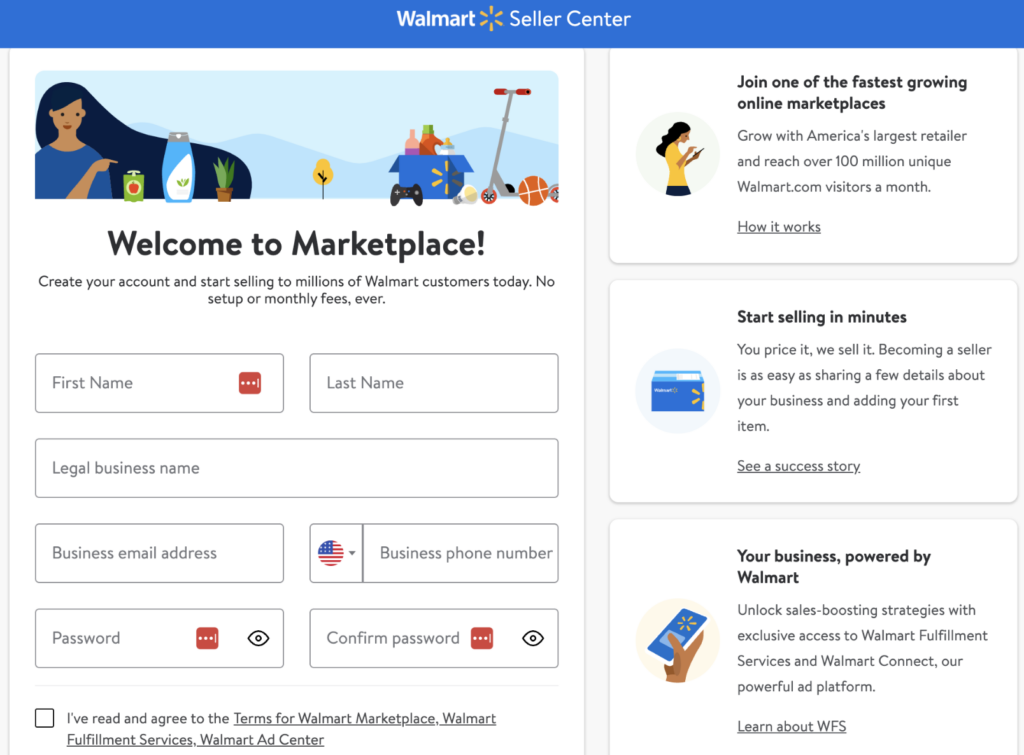 A screenshot of a welcome page to the walmart online marketplace