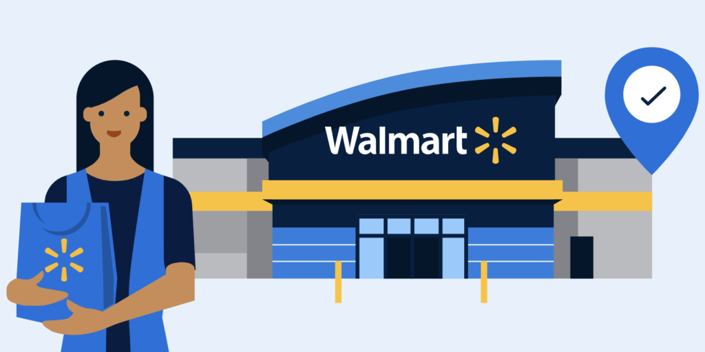 A Walmart infographic showing a woman holding a Walmart bag in front of a Walmart store