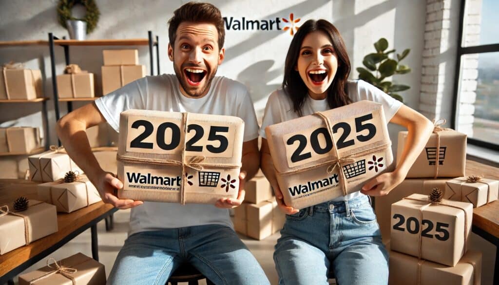 Walmart sellers wearing casual clothes while unwrapping 2025-marked presents.