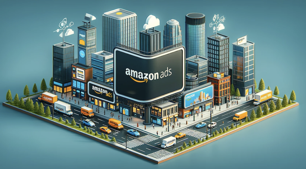 A stylized overhead view of a vibrant downtown area with a lot of tall buildings with a prominent Amazon Ads sign