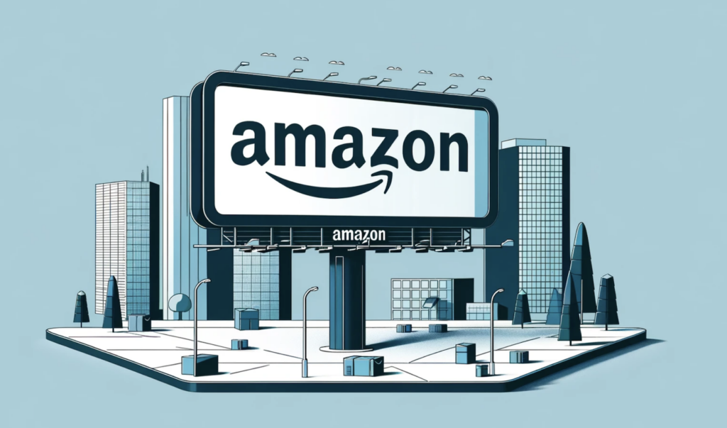 A stylized downtown scene showing a streetcorner and a large amazon billboard