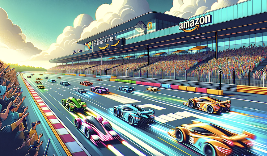 A stylized race track and stands full of spectators watching brightly colored race cars compete 