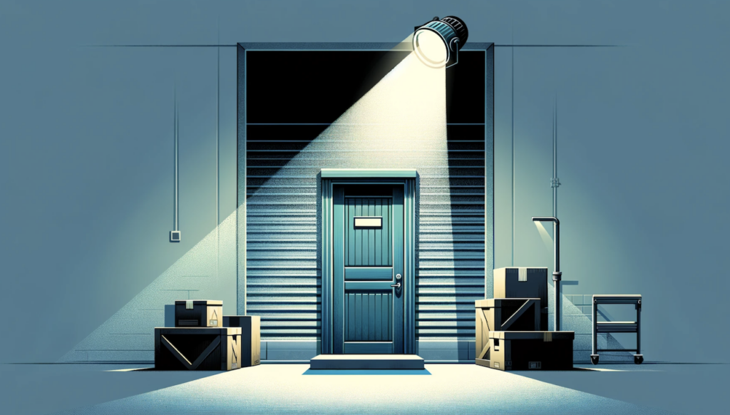 A stylized image of the back door of a industrial building with a spotlight shining on the door area 