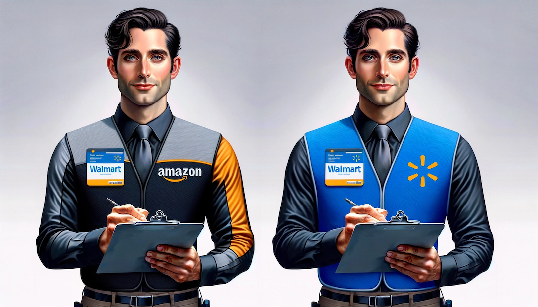 Two dark haired male ecommerce employees holding clipboards. One in an amazon uniform and one in a walmart uniform