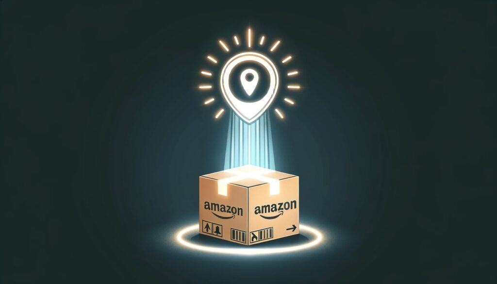 A stylized view of a spotlight shining down on a brown Amazon cardboard box 