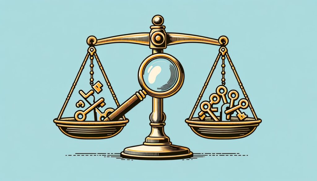 A stylized image of a golden balance type scale against a blue background. The balance is weighing assorted keys 