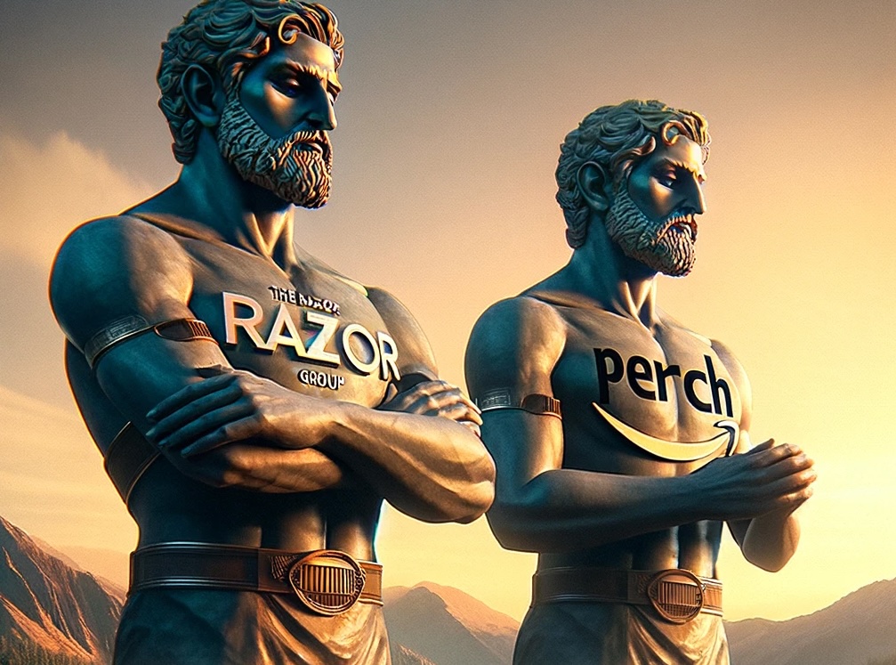 Two roman style giants looking out over the horizon with Perch and Razor logos on their chests