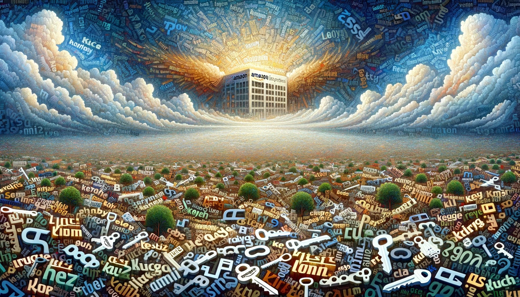 A dramatic imagined view of heaven with an Amazon building at the center and fields of words in the foreground