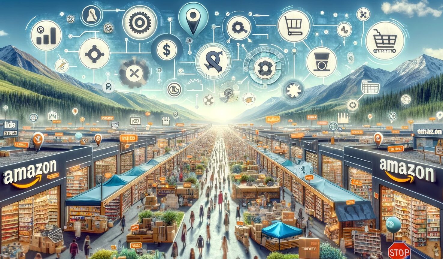 A fantastical infographic of a large vibrant main street with businesses on either side of the street with a large number of people walking down the street. In the foreground on either side are two large Amazon branded buildings.