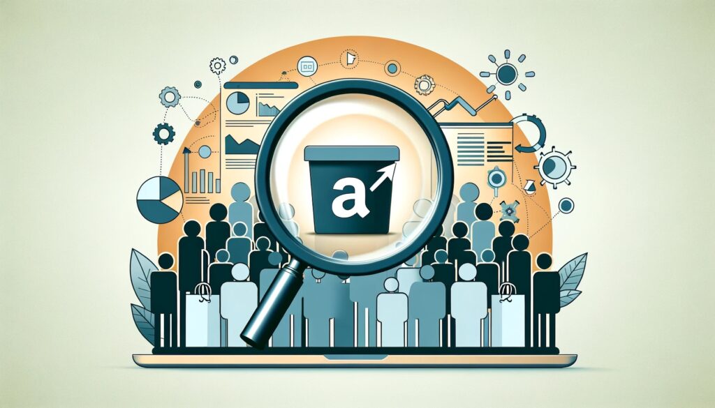 A stylized image of a bunch of people and technology as well as the Amazon logo