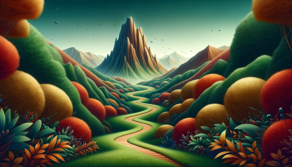 A dramatic valley with a stylized green winding path snaking through it 